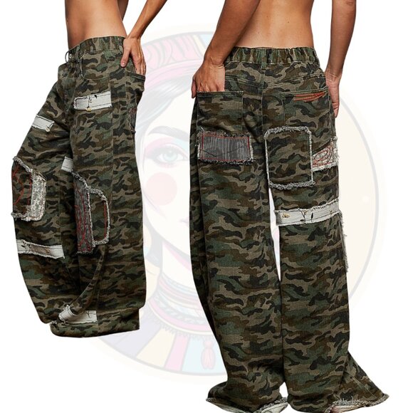 P54A POL Camo Patches Drawstring Wide Leg Woven Pants - Picture 2 of 2